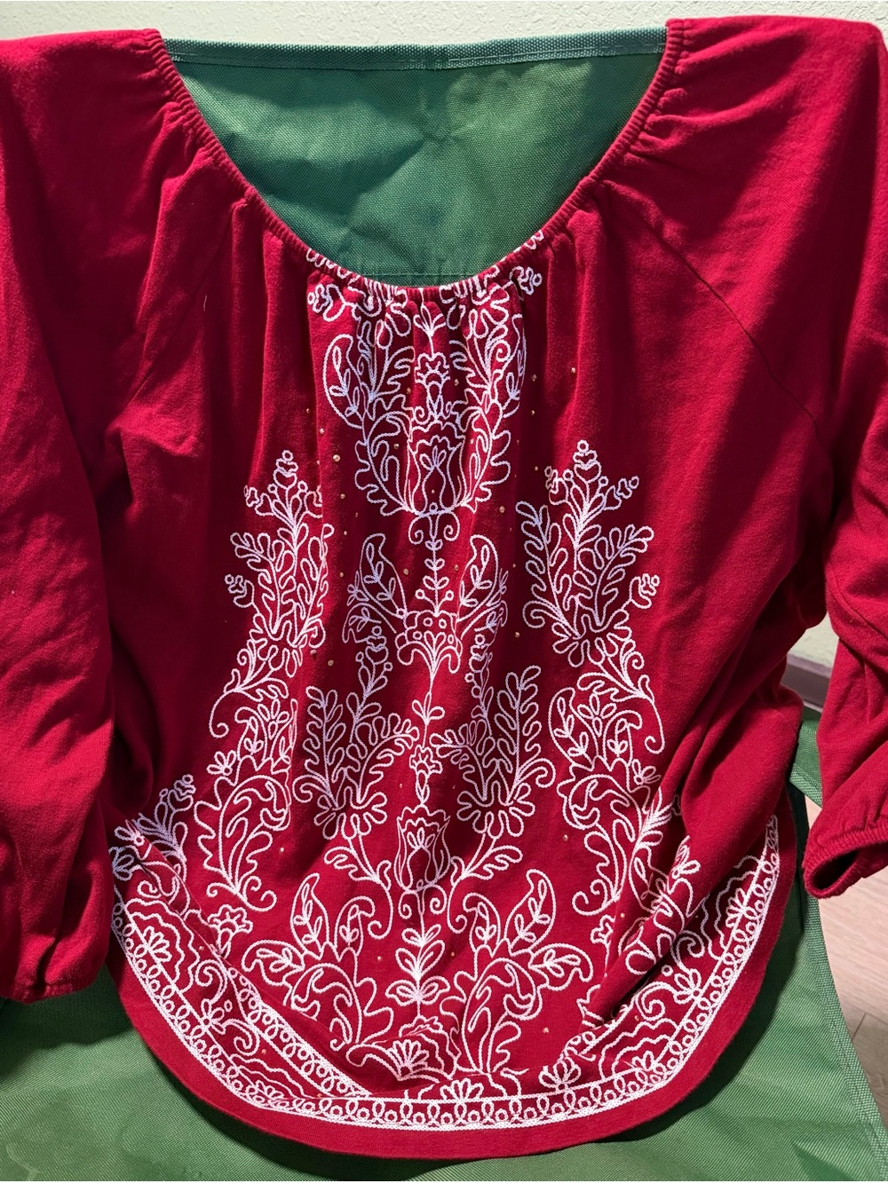Rebecca Malone Red Blouse with White Embroidered Front